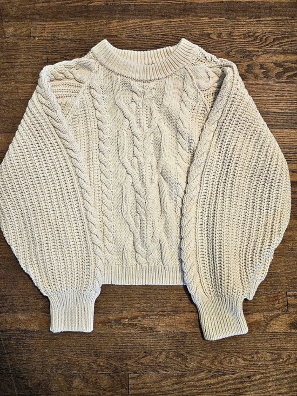 Free People Cable Knit Balloon Sleeve Sweater in Cream